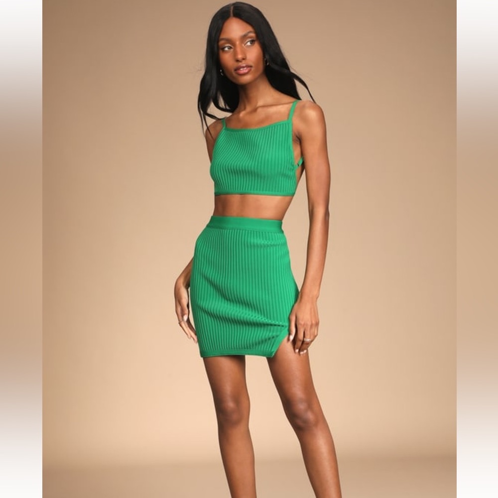 NWT Lulu’s | Green Ribbed Knit Tie-Back Two-Piece Mini Dress | Green | Small